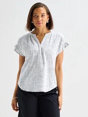 Liz Claiborne Womens Split Crew Neck Short Sleeve Blouse SIZE XS Navy/White